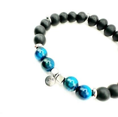 Bracelet Agate Noir Mat & Oeil de Tigre Bleu - Force et Protection